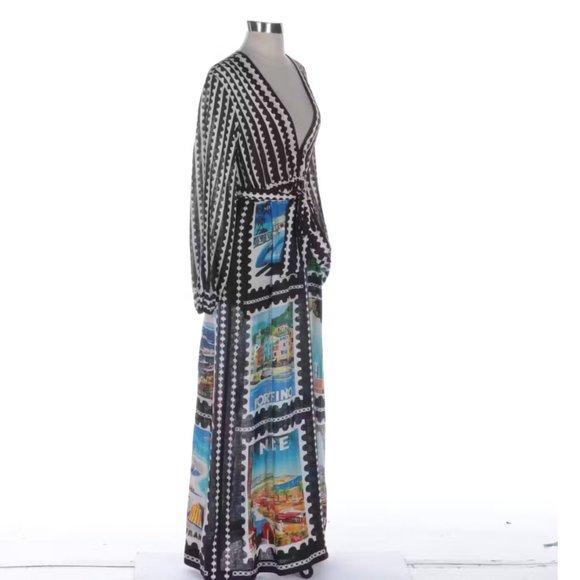 Mary Katrantzou Plunging V-Neck Maxi Dress in Postage Stamp Printed Linen - Picture 2 of 8